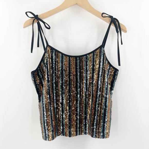 SAY WHAT? Sequin Tank Size Medium Stripe Button Back Tie Straps Open Back Party - Picture 1 of 14